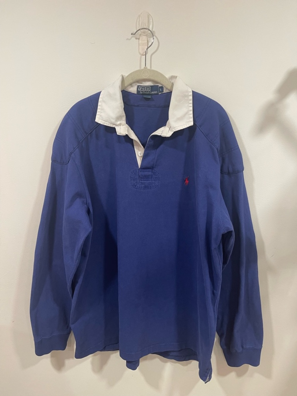 Vintage Polo by Ralph Lauren Men's Blue Rugby Shirt with White Collar